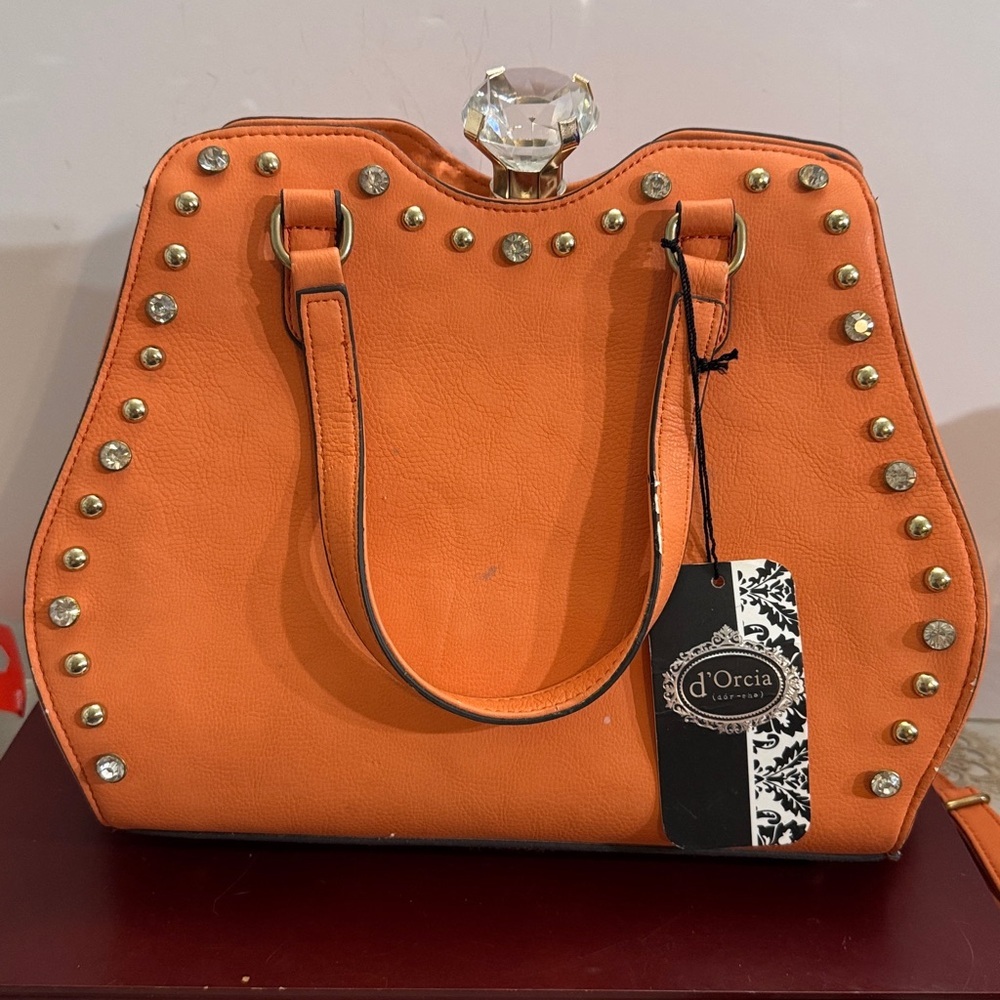 d'Orcia Bling & Buckle Purse in Peach/Orange Studded Handbag with Crystal Clasp